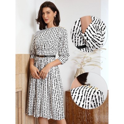 Женские платья INSPIRE CHIC Women's Pleated Puff 3/4 Sleeve Crew Neck Business Casual A-Line Midi Dresses Large White — фото 2