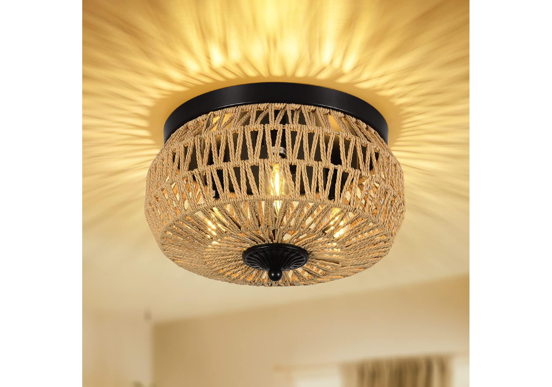 Gulches Brown Boho Rustic Coastal 3-Light Dimmable Flush Mount Ceiling Light for Living Room with Hand Woven Rattan Cage Shade