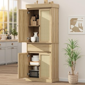 Kitchen Pantry Cabinet, Tall Storage Cabinet with Rattan Doors and Adjustable Shelves, Freestanding Cupboard with Drawer - 1 of 4
