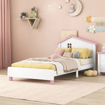 Twin Size Wood Platform Bed With House-shaped Headboard, Pink 