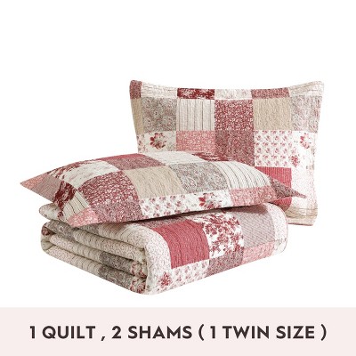 Celina Patchwork Red Cotton Twin Reversible Quilt Set