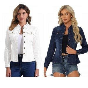 INSPIRE CHIC Women's Button Front Stand Collar Long Sleeve Jean Jackets with Pockets 2 Packs - 1 of 4