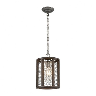 Contemporary Mini Crystal Pendant with Weathered Zinc & Aged Wood