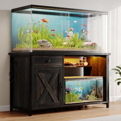 Rustic TV Stand with 7-Color LED Lights & Charging Station, Heavy-Duty Multi-Purpose Storage Cabinet for Living Room/Fish Tank Storage,Brown