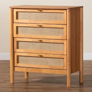 Baxton Studio Jenn Wood 4 Drawer Chest with Distressed Finished Rattan Golden Brown/Distressed Rattan - 1 of 4