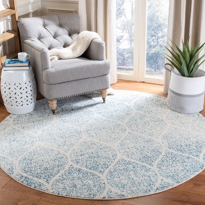 Hand-Knotted Round Cream and Turquoise Synthetic Rug