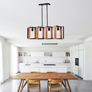 BAOURE 36in Black and Wood 4-Light Kitchen Island Lights Pendant Light Farmhouse Dining Room Light Fixture,Rectangular Chandelier for Living Room - 1 of 4