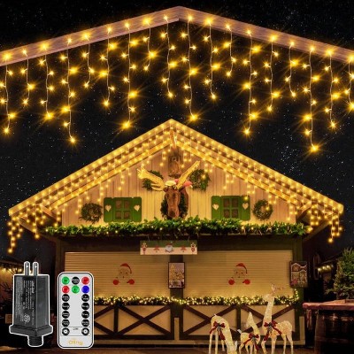 Ollny 396 LED Warm White Icicle Lights (Clear Cable, Plug in, 8 Modes), Connectable up to 3 Sets