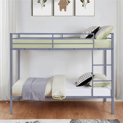 INFURNIC Beds Metal Twin Over Twin Bunk Bed Low Profile Frame with Built-in Ladder and High Guardrails for Kids Teens, Grey, 77.56"*41.34"*61.81"