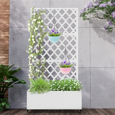 TOAOTBNBO Metal Raised Garden Bed with Diamond Lattice Trellis, Outdoor Planter Box with Wheels, Galvanized Garden Box for Patio