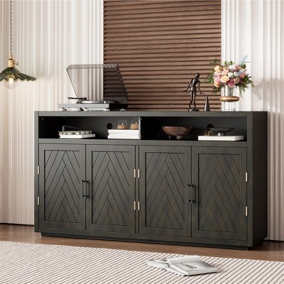 Farmhouse Buffet Cabinet, 4-door Classic Sideboard With Open Storage And Adjustable Shelves, Wine Cabinet Console Table, Kitchen Storage Cabinet