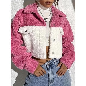 Women's Drop - Shoulder Color - Block Fuzzy Cropped Jacket, Warm and Stylish Short Outerwear - 1 of 4