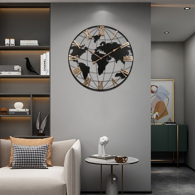 36'' Large Black Metal Wall Clock, Modern Silent World Map Wall Clock With Vintage Numeral,Wall Clocks For Living Room-Cuddlewood