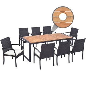 Tangkula Set of 9 Patio Dining Set Rattan Outdoor Furniture Set w/ Acacia Wood Table 1.9" Umbrella Hole - 1 of 4