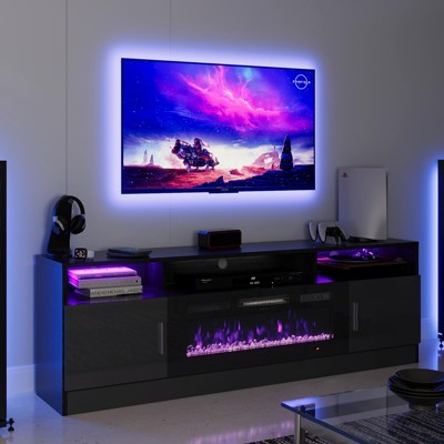AOXUN Fireplace TV Stand with 36" Electric Fireplace, 70" Fireplace Entertainment Center LED Lights, 2 Tier TV Console for TVs Up to 80", Black