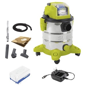 Sun Joe 24V Cordless Stainless Steel Wet or Dry Vacuum Kit with Battery, Charger, Carpet Brush, All Purpose Nozzle and Extension Tubes, 5.3 Gal, Green - 1 of 4