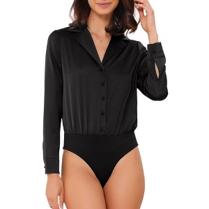 INSPIRE CHIC Women's Button Up Leotard Satin Shirt Long Sleeve Notched Lapel Business Work Bodysuit - 1 of 4