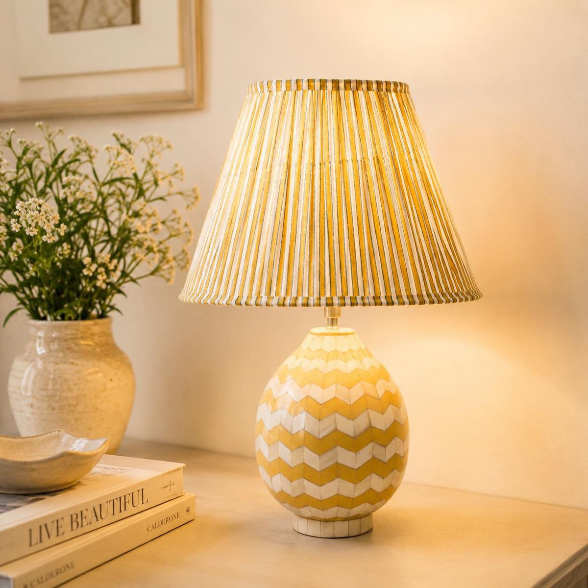 Mela Artisans Candy Stripe Pleated Cotton Lampshade - Yellow & White - thumbnail 2