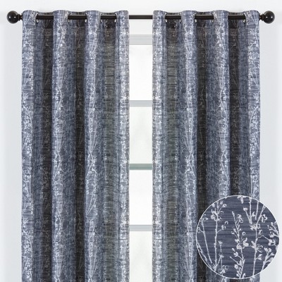 Dark Blue Floral Jacquard Room Darkening Grommet Curtains - 52 x 96 Inches