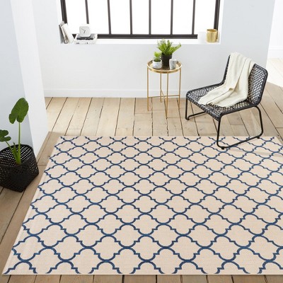 Beige and Navy Synthetic Trellis 4' x 6' Reversible Rug
