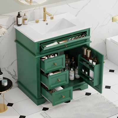 TIRAMISUBEST 30" Bathroom Vanity with Ceramic Sink, Freestanding Bathroom Vanity Cabinet w/ 1 Tip-out Drawer, 3 Drawers, Door Shelf, Soft Closing Door