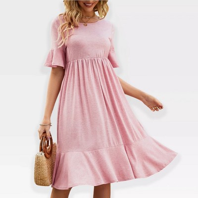 Womens Dress Ruffled Sleeve High Waist A Line Dress Round Neck Fit and Flare Dress Flowy Dress with Flounce Hem,Pink - M