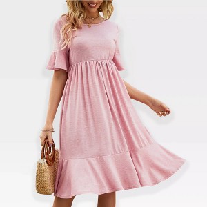 Womens Dress Ruffled Sleeve High Waist A Line Dress Round Neck Fit and Flare Dress Flowy Dress with Flounce Hem,Pink - 2XL - 1 of 4