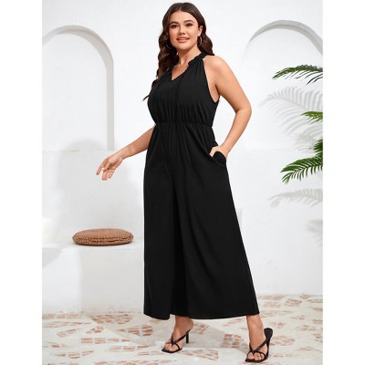 Womens Plus Size Wide Leg Tie Neck Business Casual Jumpsuits