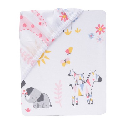 White Cotton Toddler Crib Sheet with Jungle Animals and Butterflies