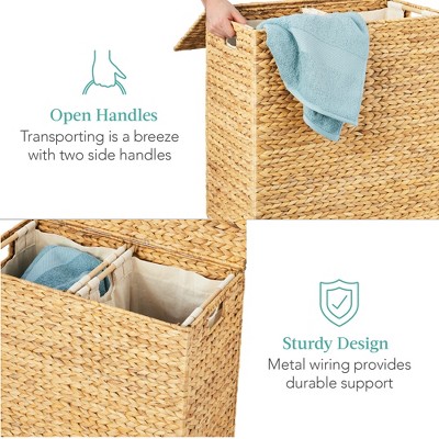 Large Natural Water Hyacinth Double Laundry Hamper with Lid