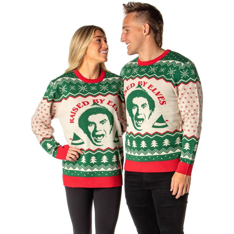 ELF The Movie Men's Raised By Elves Ugly Christmas Sweater Knit Pullover, 3 of 7