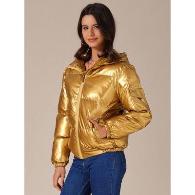 INSPIRE CHIC Women's Casual Shiny Pockets Hooded Winter Puffer Jackets Gold Large — фото 3
