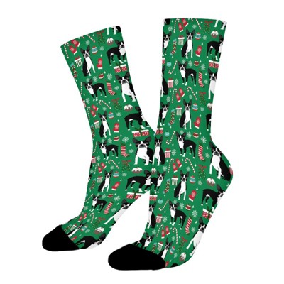 Boston Terrier Dog Christmas Women Printed Crew Socks Funny Funky Socks Soft Polyester Novelty Gifts for Artists Men