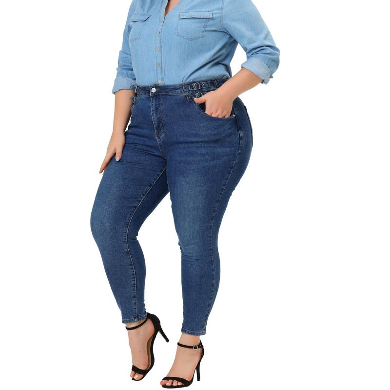 Agnes Orinda Women's Plus Size High Waist Buckle Decor Slash Pocket Denim Skinny Jeans, 1 of 7