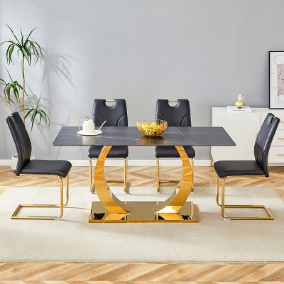 FURNIinspire Dining Sets Table And Chair Set, 63"*31.5" Black Texture Dining Table And 4 Black Dining Chairs With Golden Metal Legs