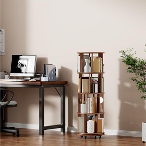 Corner Bookshelf， Wood Book Shelf on Wheels, 360° Rotating Bookshelf, Narrow Bookcase - 1 of 4