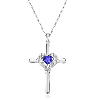 Molenia Cross Birthstone Necklace for Women, 18K White Gold Plated Sterling Silver Heart Angel Wings Guardian Faith Religious Birthday Gift
