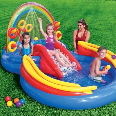 Intex 9.75ft x 6.3ft x 53in Rainbow Slide Kids Play Inflatable Pool Ring Center, image 3 of 6 slides