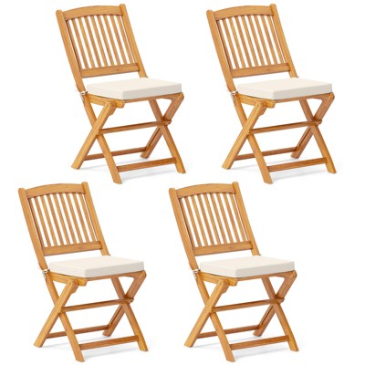 Tangkula Patio Folding Chair Set of 4 Portable Acacia Wood Dining Chairs with High Back & Seat Cushions Beige/Navy/Red