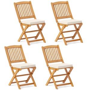 Tangkula Patio Folding Chair Set of 4 Portable Acacia Wood Dining Chairs with High Back & Seat Cushions Beige/Navy/Red - 1 of 3
