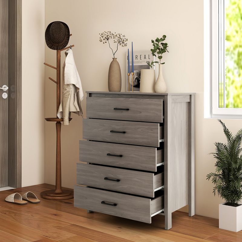 Costway Modern 5 Drawer Chest Storage Dresser Cabinet with Metal Handles Grey Oak, 5 of 11