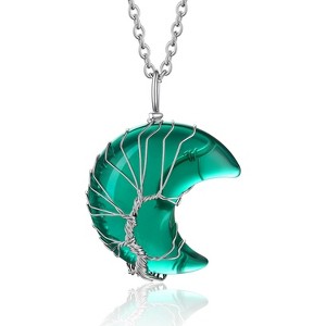 Tree of Life Wrapped Healing Crystal Necklace 12 Month Birthstone Pendant Crescent Heart Gemstone Jewelry - 1 of 4