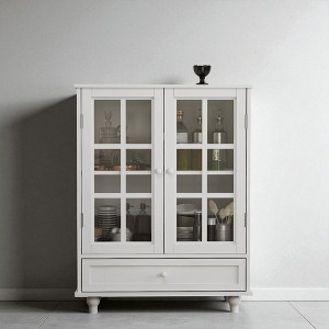 Sideboard Buffet Cabinet with Double Glass Doors and Drawer, Solid Wood Legs, Adjustable Shelves, Vintage Bronze Handles for Kitchen or Dining Room - 1 of 4