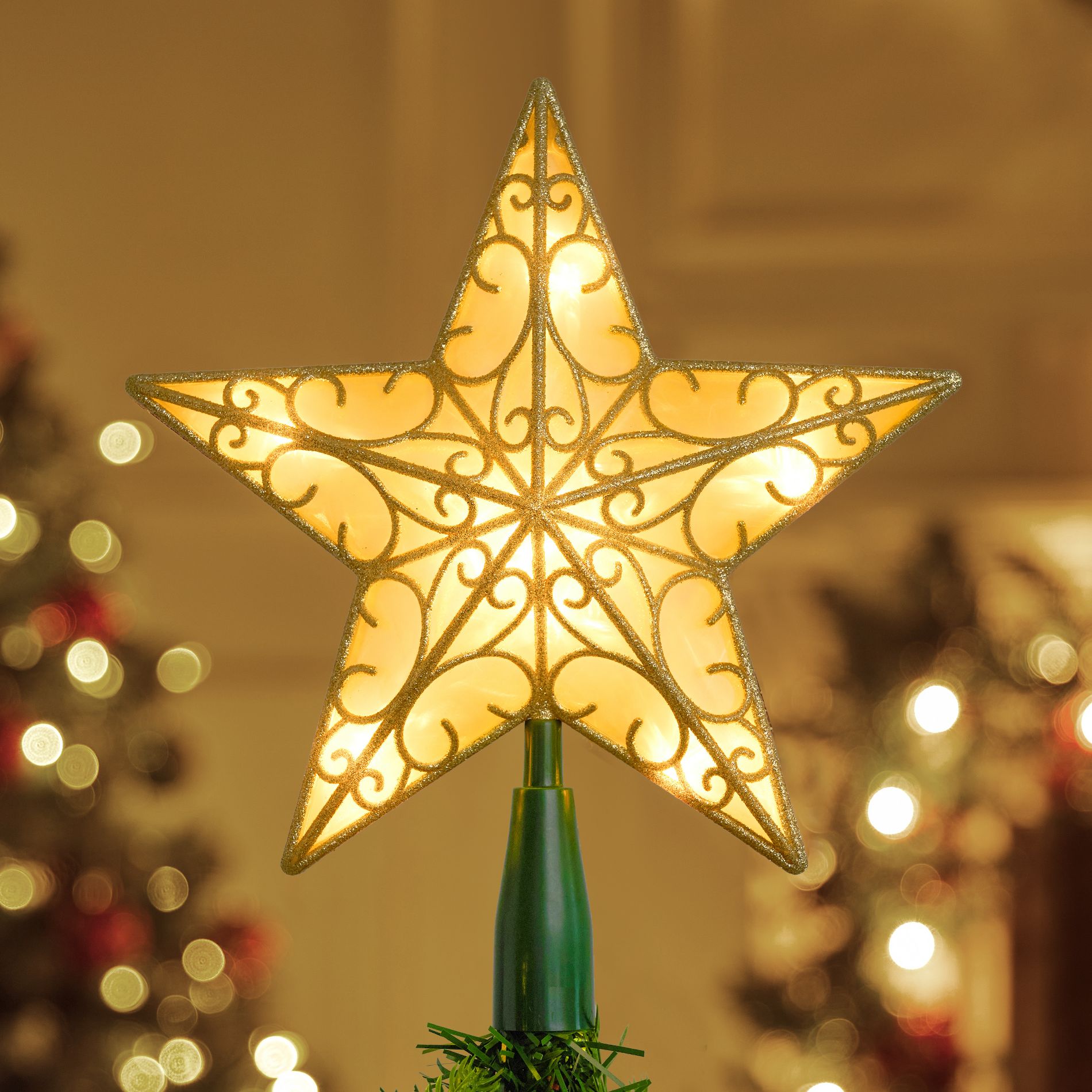 Joyfy LED Christmas Tree Topper, 9 inch Silver/Golden PVC Star Christmas Tree Decorations Indoor for Home Holiday Xmas Party