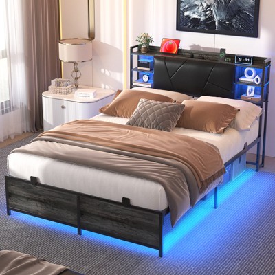 Aheaplus Bed Frame with Upholstered Storage Headboard and Charging Station