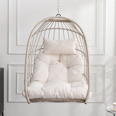 Balcony Garden PE Rattan Hanging Egg Chair,Outdoor Patio Metal Frame Swing Chair,Indoor Woven Rattan Hanging Chair with Cushions-Coolbibila