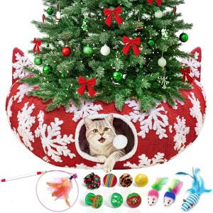 Large Cat Tunnel Bed for Indoor Cats with 11 Toys, Under Christmas Tree Skirt, Red Snowflake Christmas Cats Tunnel with - 1 of 4