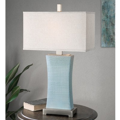 Pale Blue Gray Ceramic Table Lamp with Beige Linen Shade
