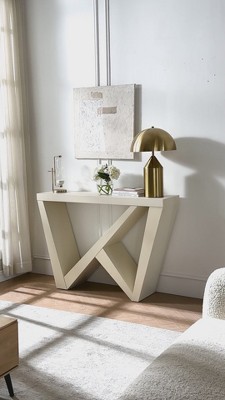Cream Weave Modern Rectangular Console Table with Geometric Design