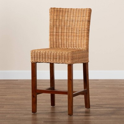 Racquel Mahogany Wood and Rattan Counter Stool in Walnut Brown